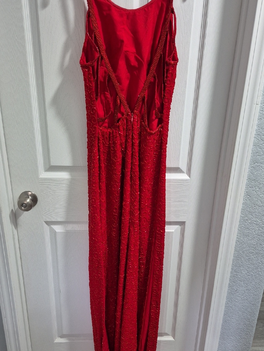 Red Beaded Evening Maxi Dress - Women